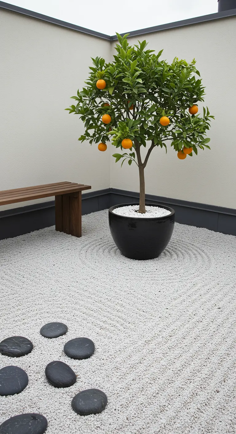 Een zen-tuin met wit grind en een sinaasappelboom in een zwarte pot.