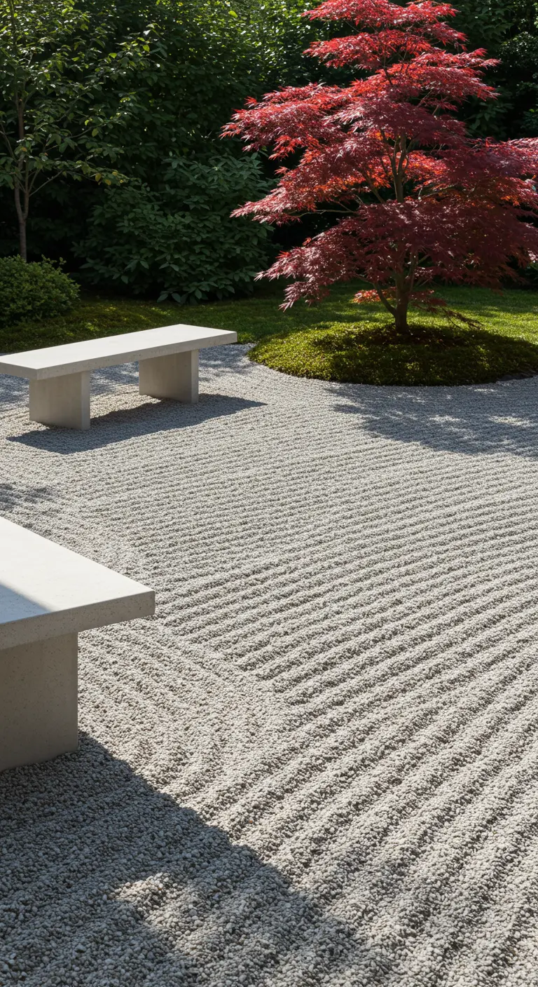 Japanse zentuin met geharkt grind, twee betonnen bankjes en een rode esdoorn.