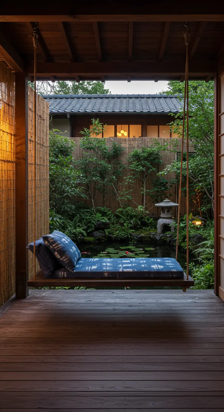 Houten schommelbed met blauw-wit gestreept kussen op een veranda met uitzicht op een Japanse tuin.