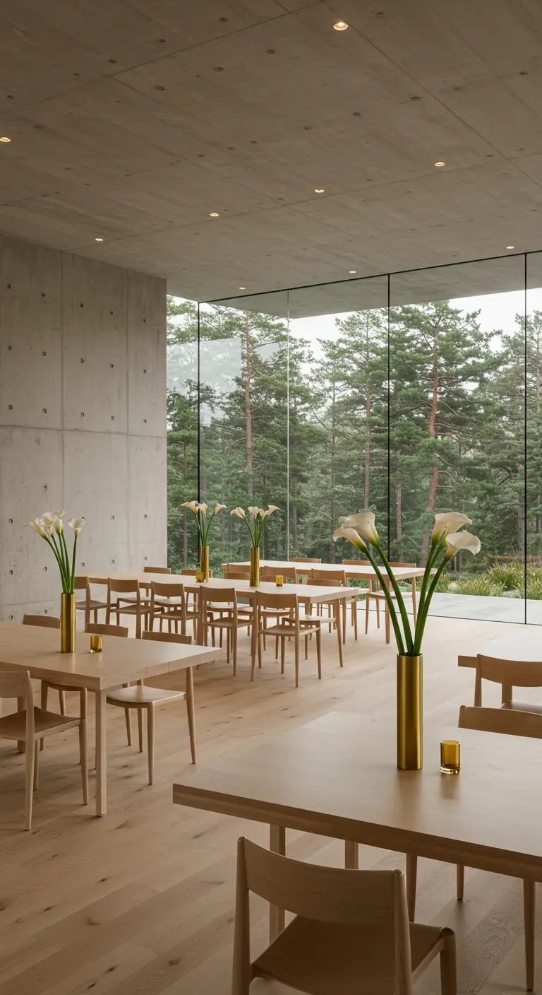 Moderne, minimalistische eetzaal met betonnen muren, houten meubels en een grote glazen wand met uitzicht op een bos.