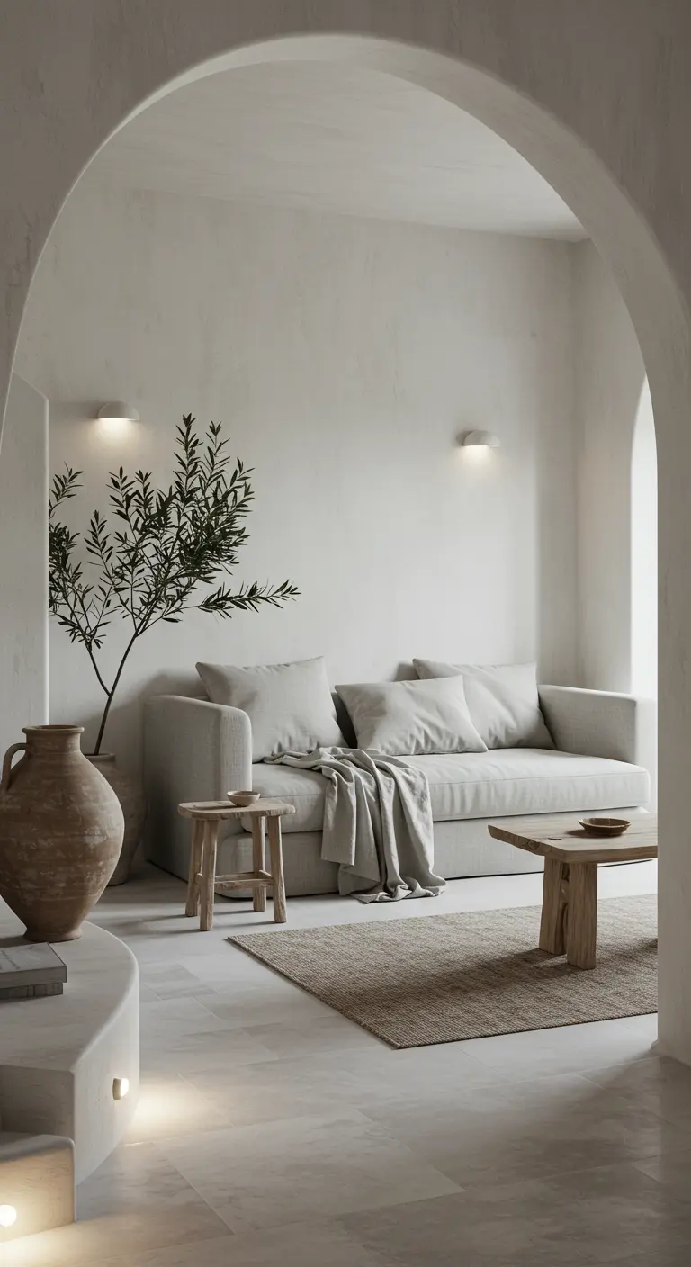 Minimalistische woonkamer met lichtgrijze bank, olijfboom, houten krukjes en boog.