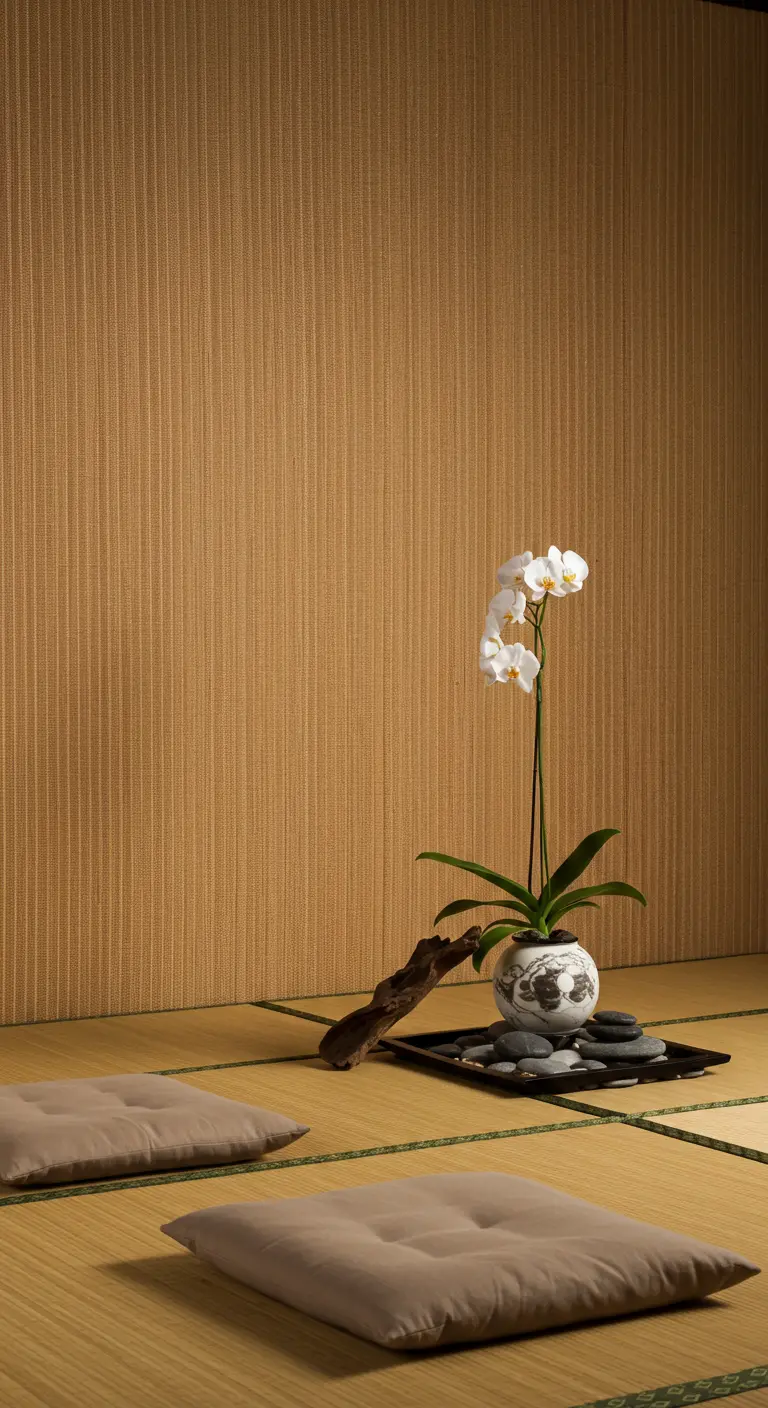 Japanse setting met tatami mat, getextureerde wand en een enkele orchidee.