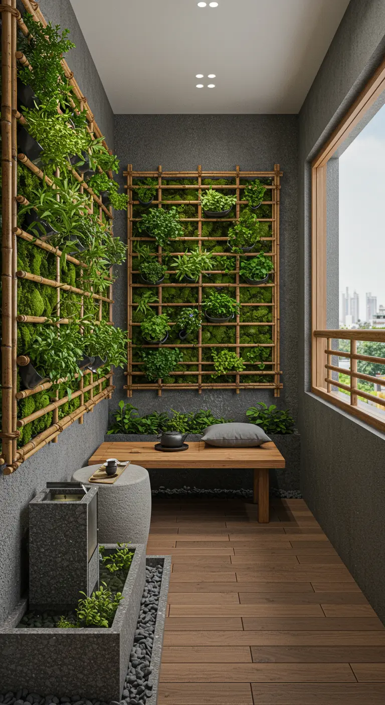 Zen-geïnspireerd balkon met verticale kruidenwand van bamboe latten en kleine plantenbakken.