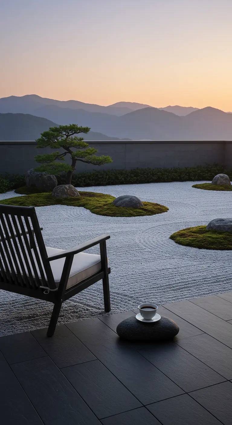 Houten lounge stoel in Japanse zentuin met grind, rotsen en bergen op de achtergrond bij zonsopgang.