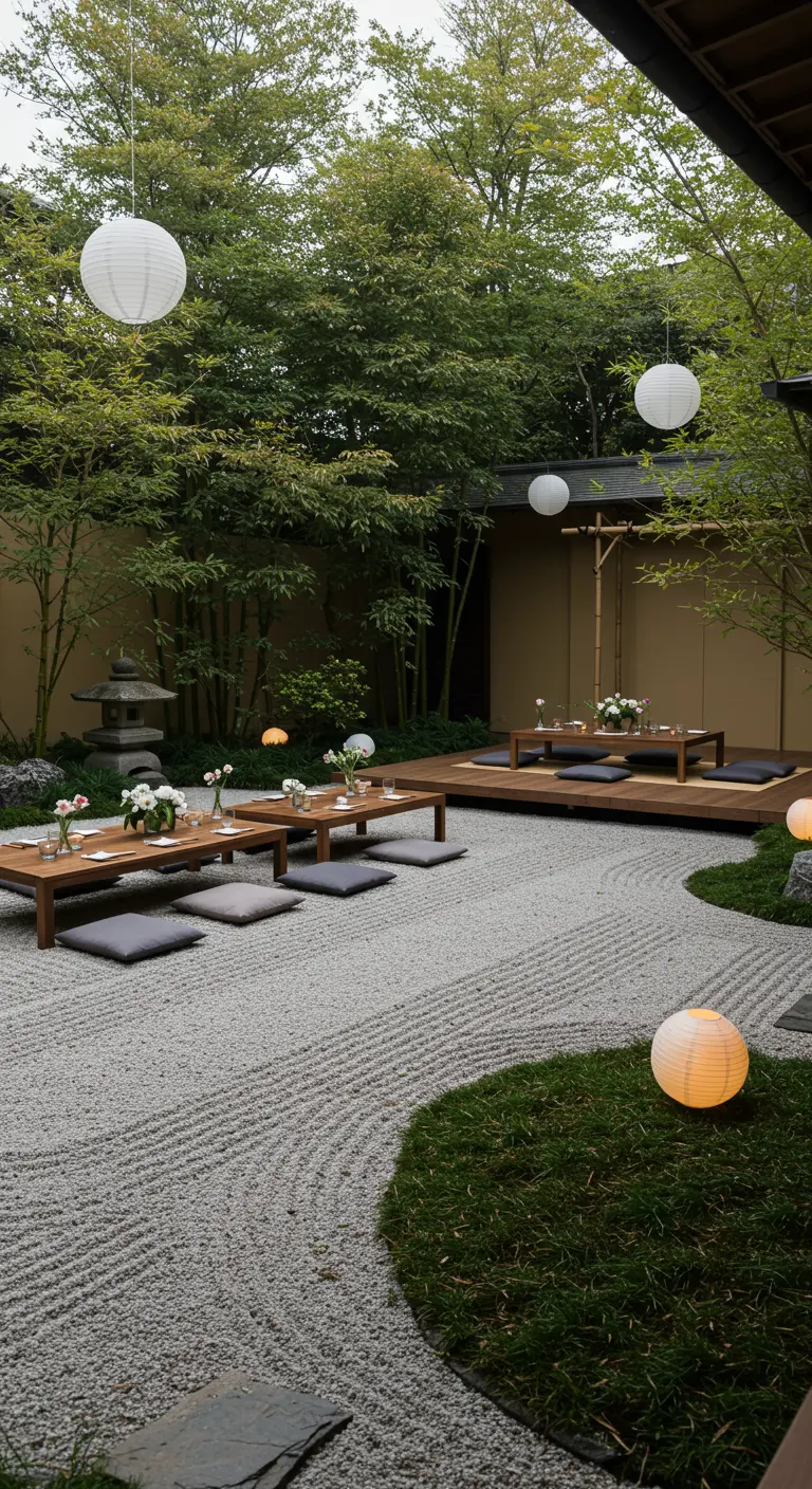 Japanse zen-tuin met grindpatronen, lage houten tafels, kussens en papieren lampionnen.