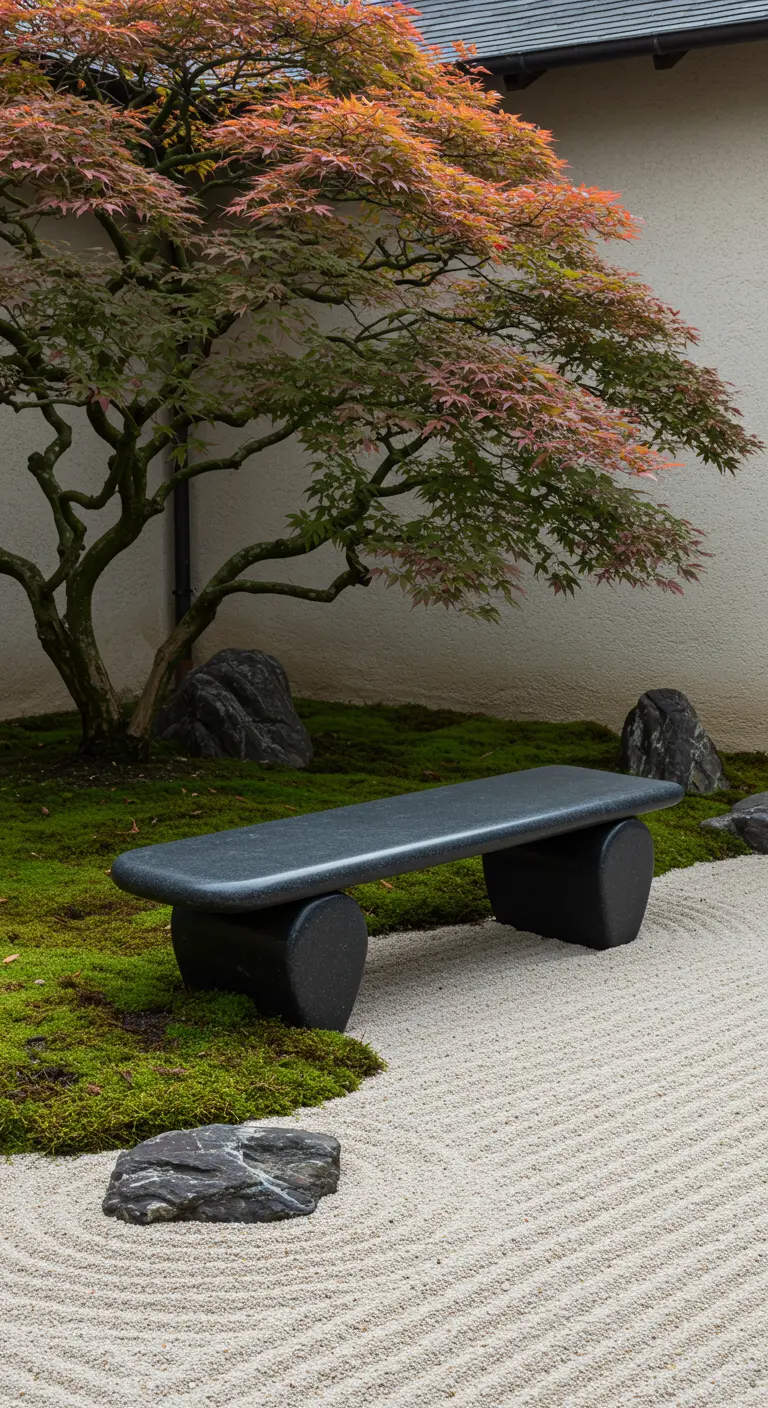 Zwarte, minimalistische bank met ronde poten in een Japanse zentuin met geharkt grind en mos.