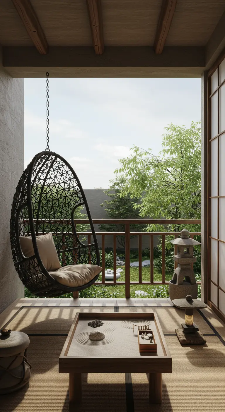 Zwarte rotan hangstoel op een balkon in Japanse stijl, met een zentuin en stenen lantaarn.