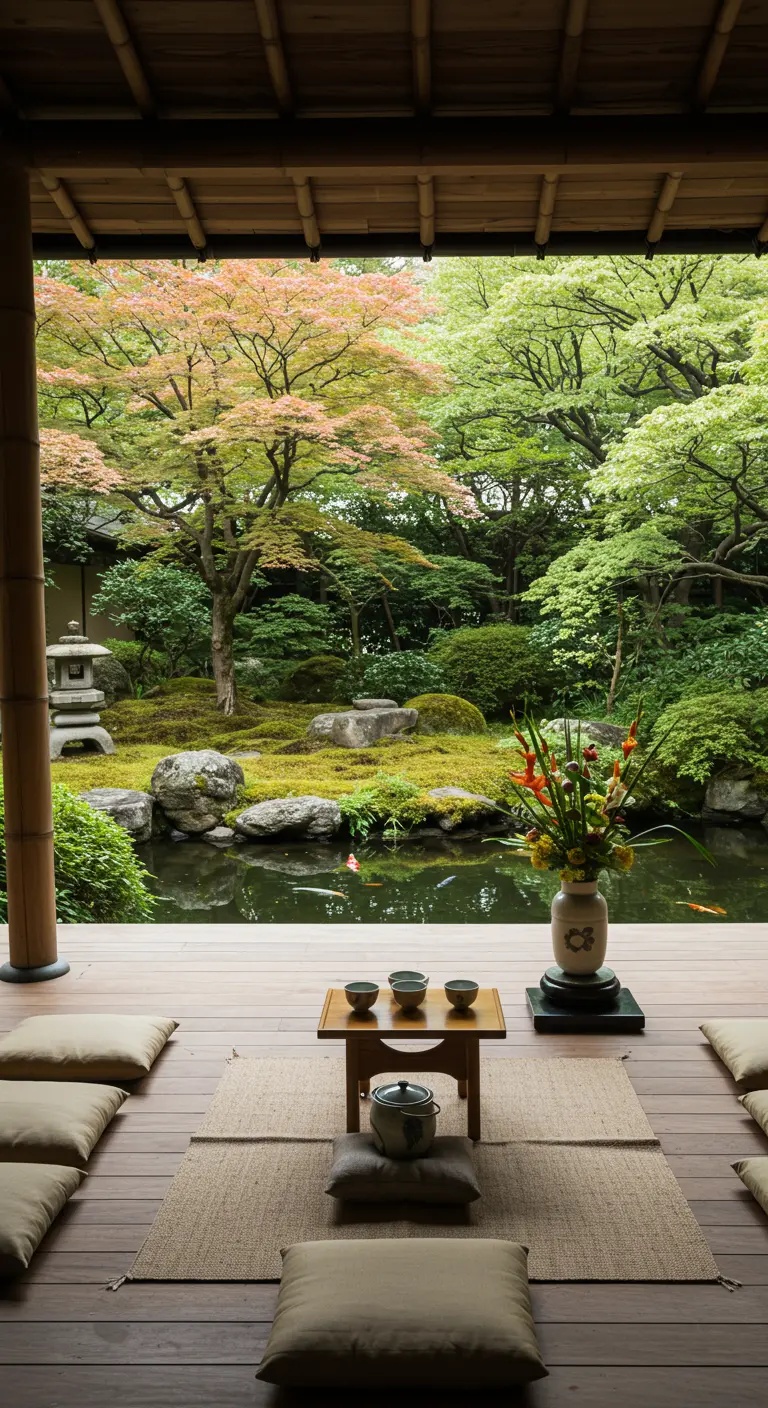 Lage theetafel op een veranda met uitzicht op een serene Japanse tuin.