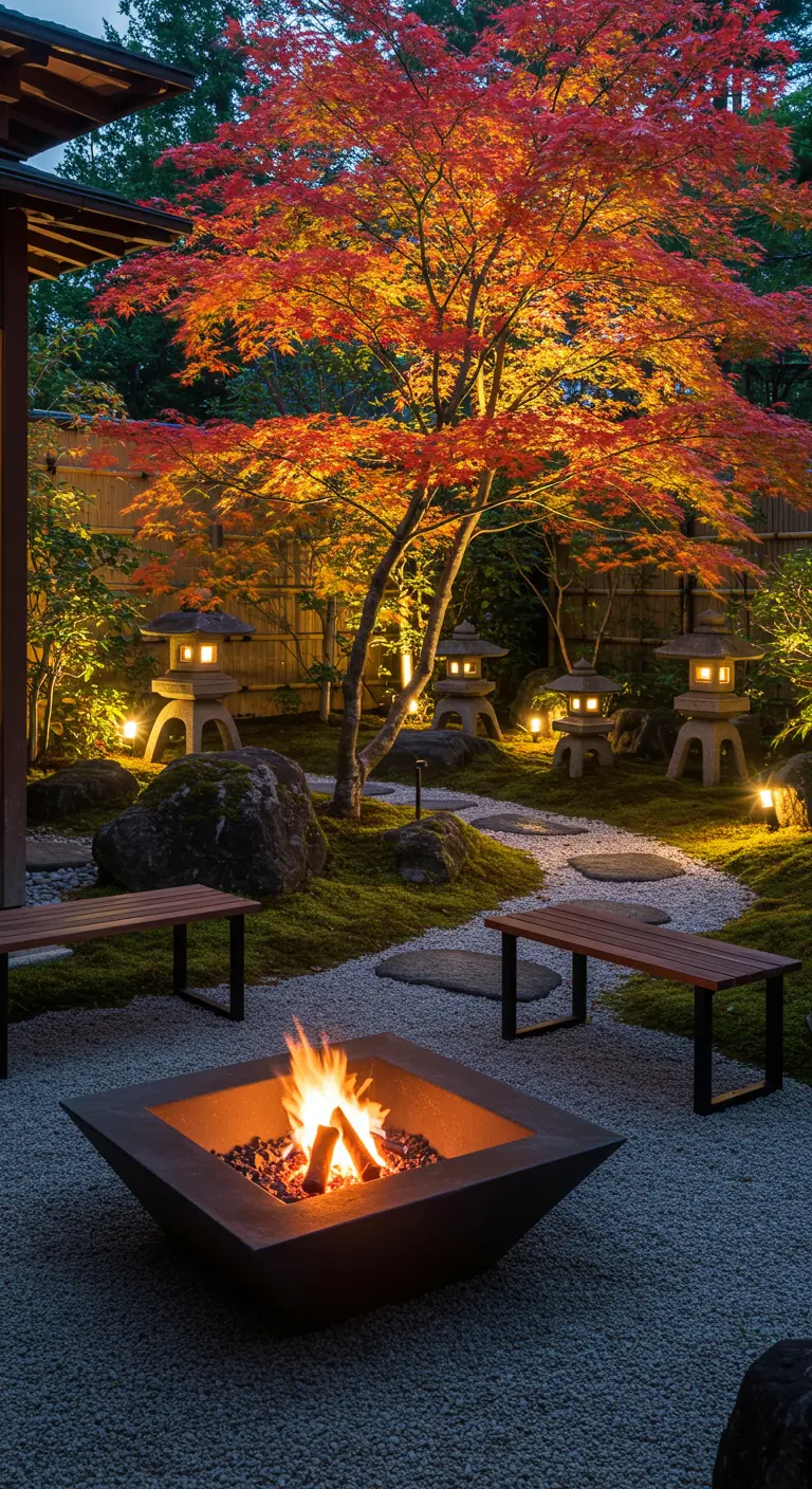 Japanse tuin bij avond met een strakke vuurplaats, stenen lantaarns en een rode esdoorn.
