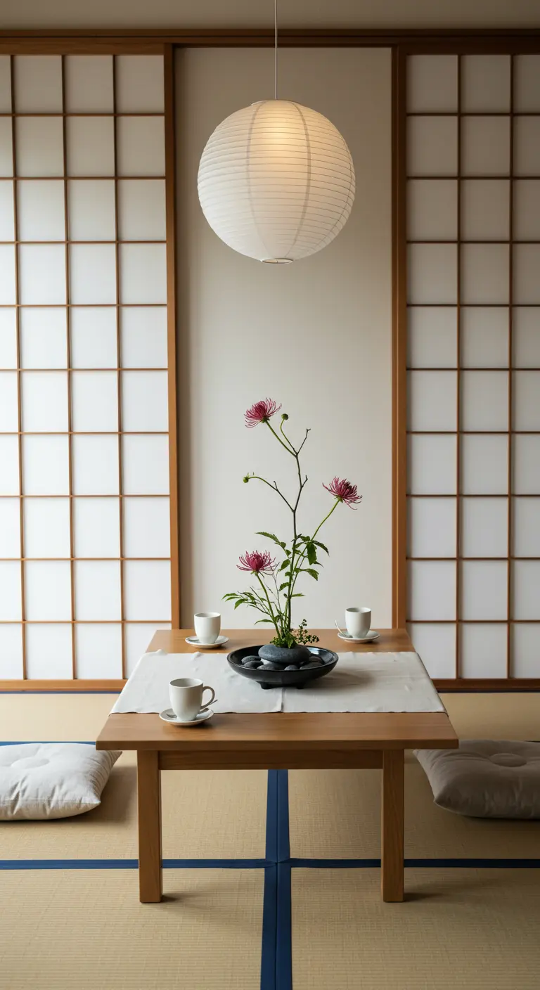 Minimalistische Japanse tafelsetting met ikebana bloemstuk.