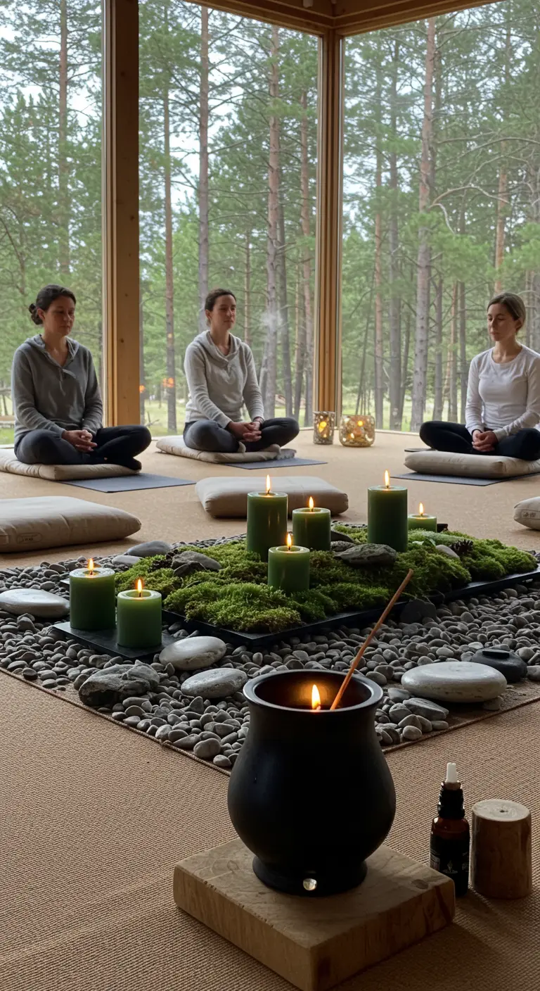 Meditatieruimte met een centerpiece van mos, stenen en groene kaarsen.
