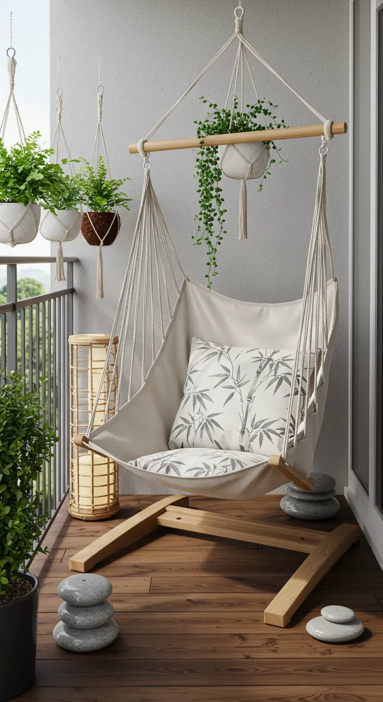 Hangstoel met een licht houten frame in Japandi-stijl, omringd door gestapelde stenen en hangplanten.