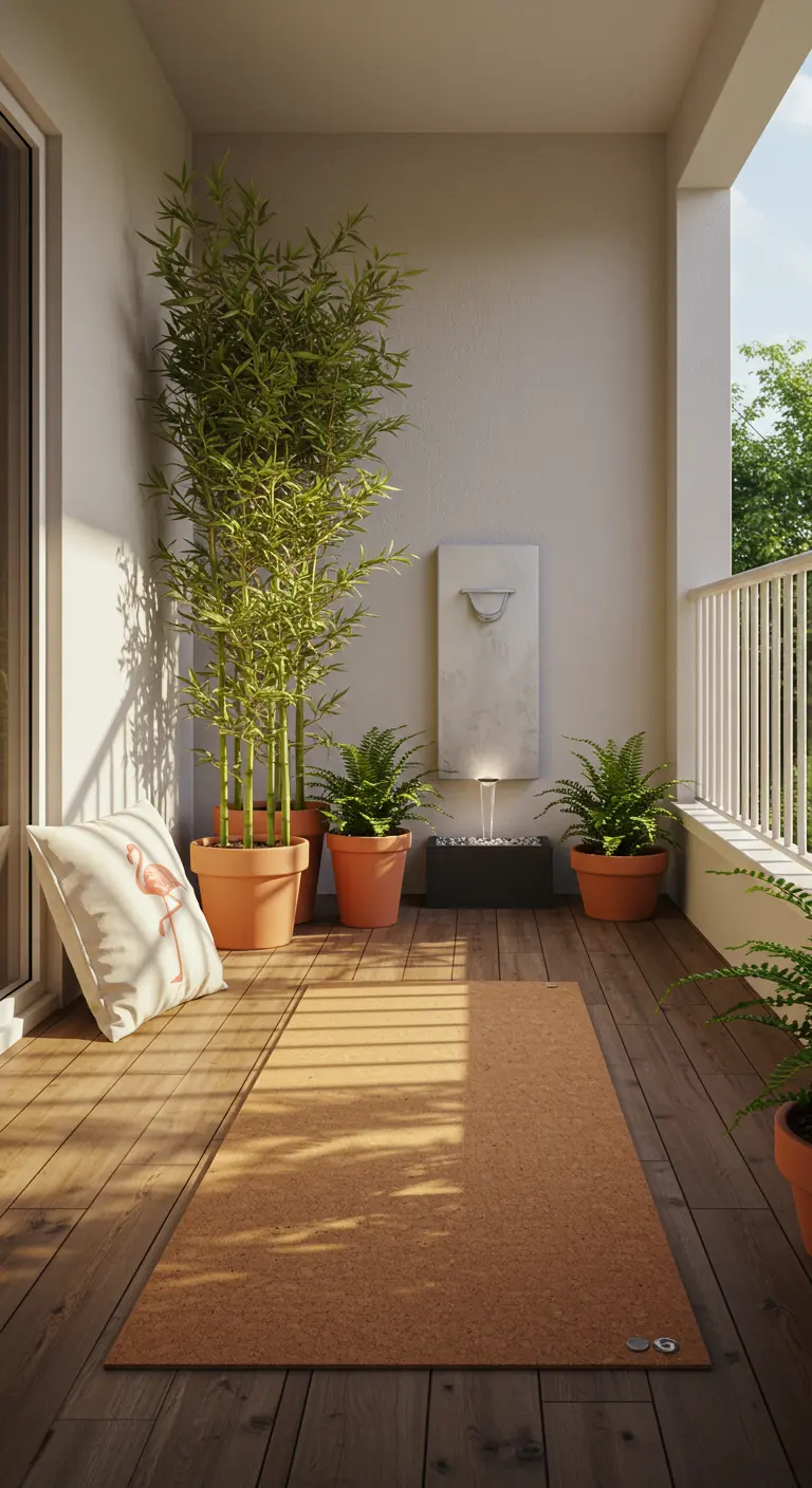 Balkon ingericht als yoga-plek met houten vlonder, bamboe en een waterfontein.