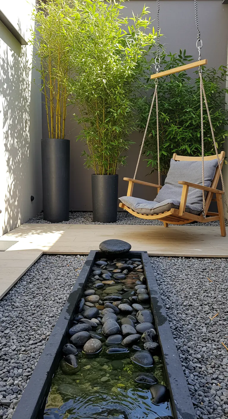 Houten hangstoel in een minimalistische tuin met grind, bamboe en een smalle waterpartij.