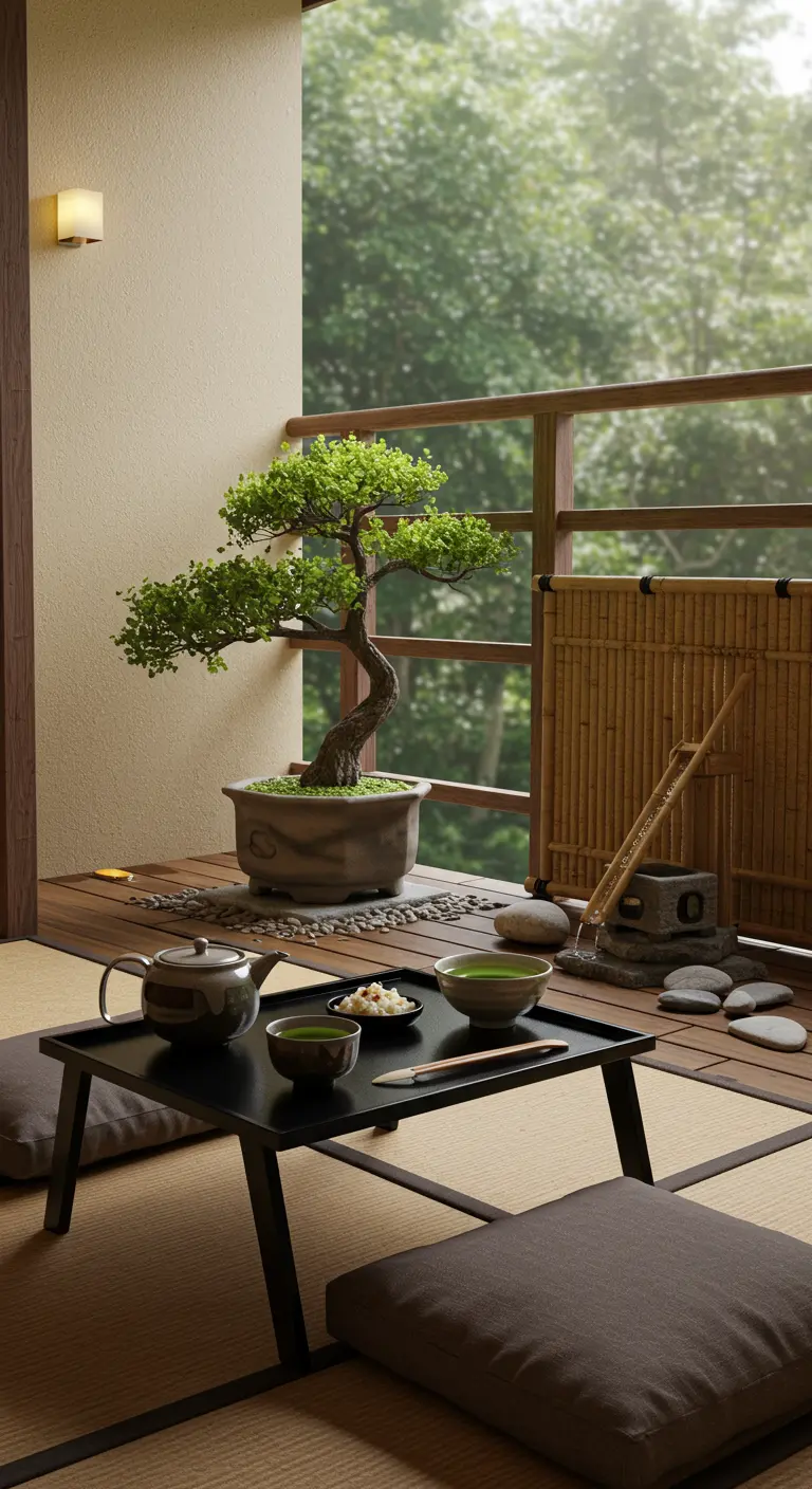 Lage zwarte tafel met theeset en zitkussens op een balkon in Japanse stijl met een bonsai.