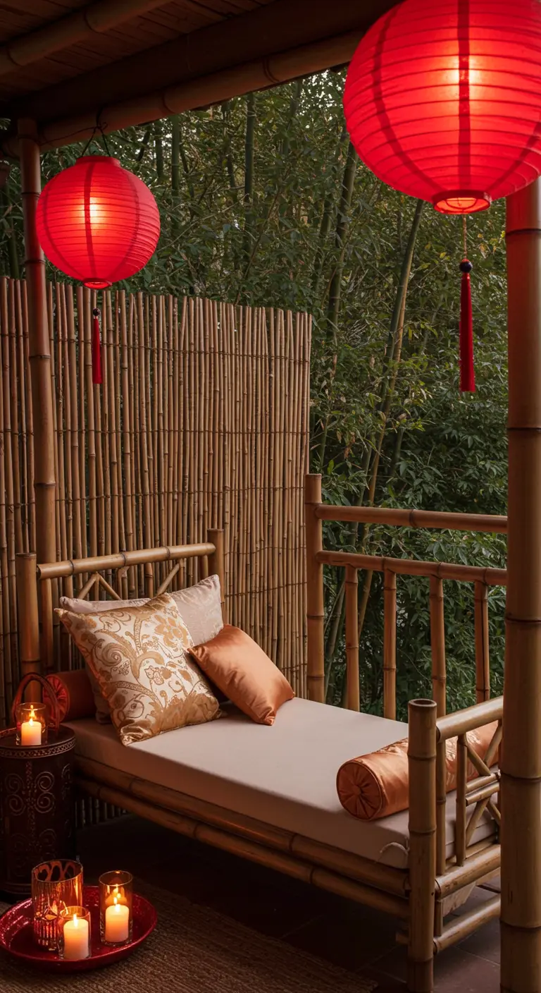 Balkon in Aziatische stijl met bamboe daybed en grote rode lampionnen.