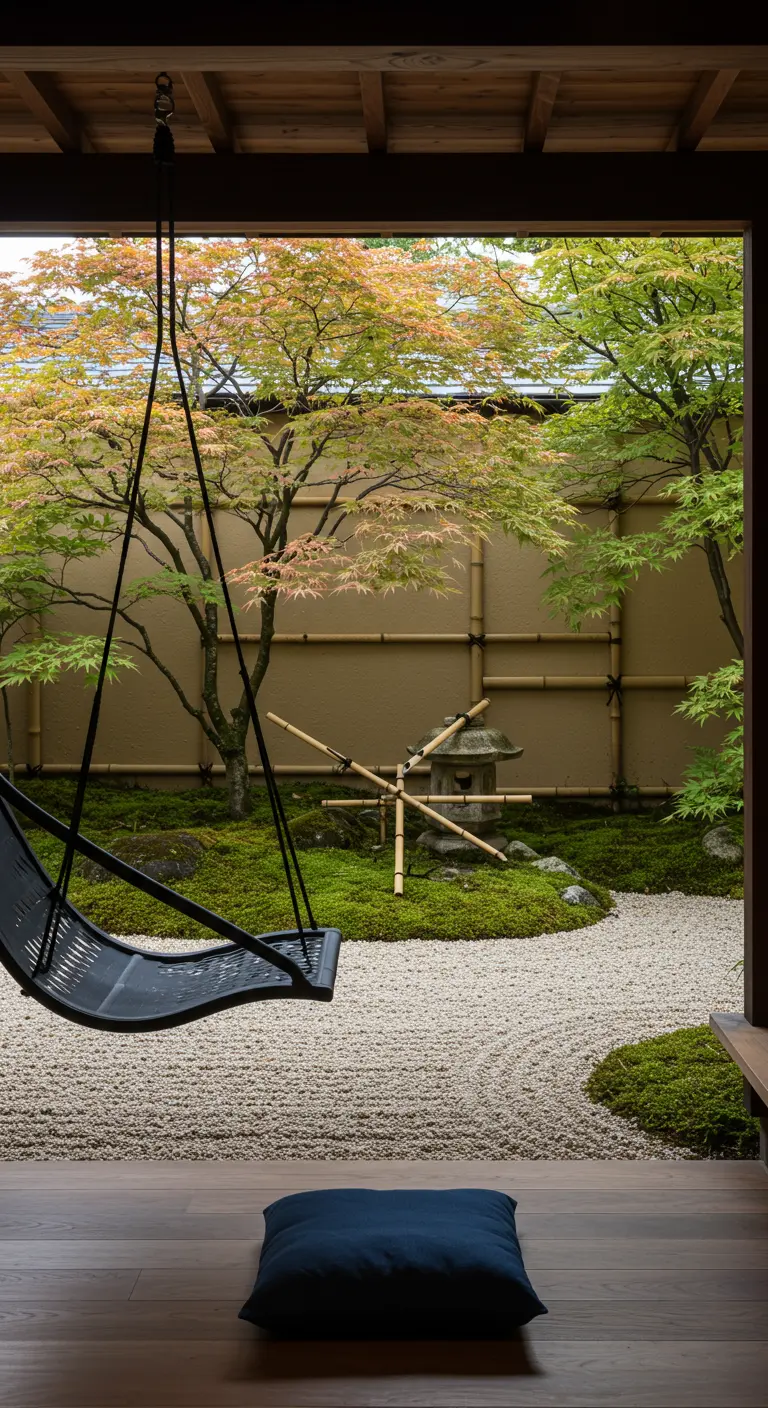 Minimalistische zwarte hangstoel met uitzicht op een serene Japanse zentuin met mos en grind.