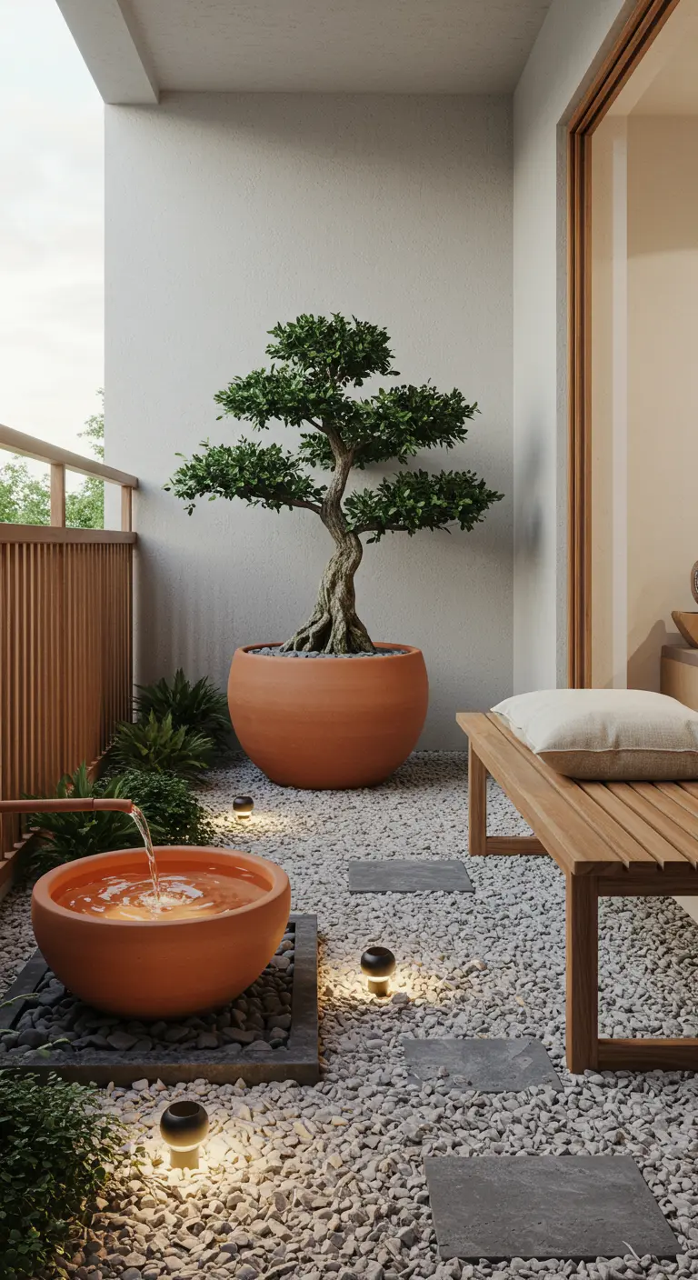 Zen balkon met bonsai in terracotta pot, waterornament, grindpad en houten bankje.