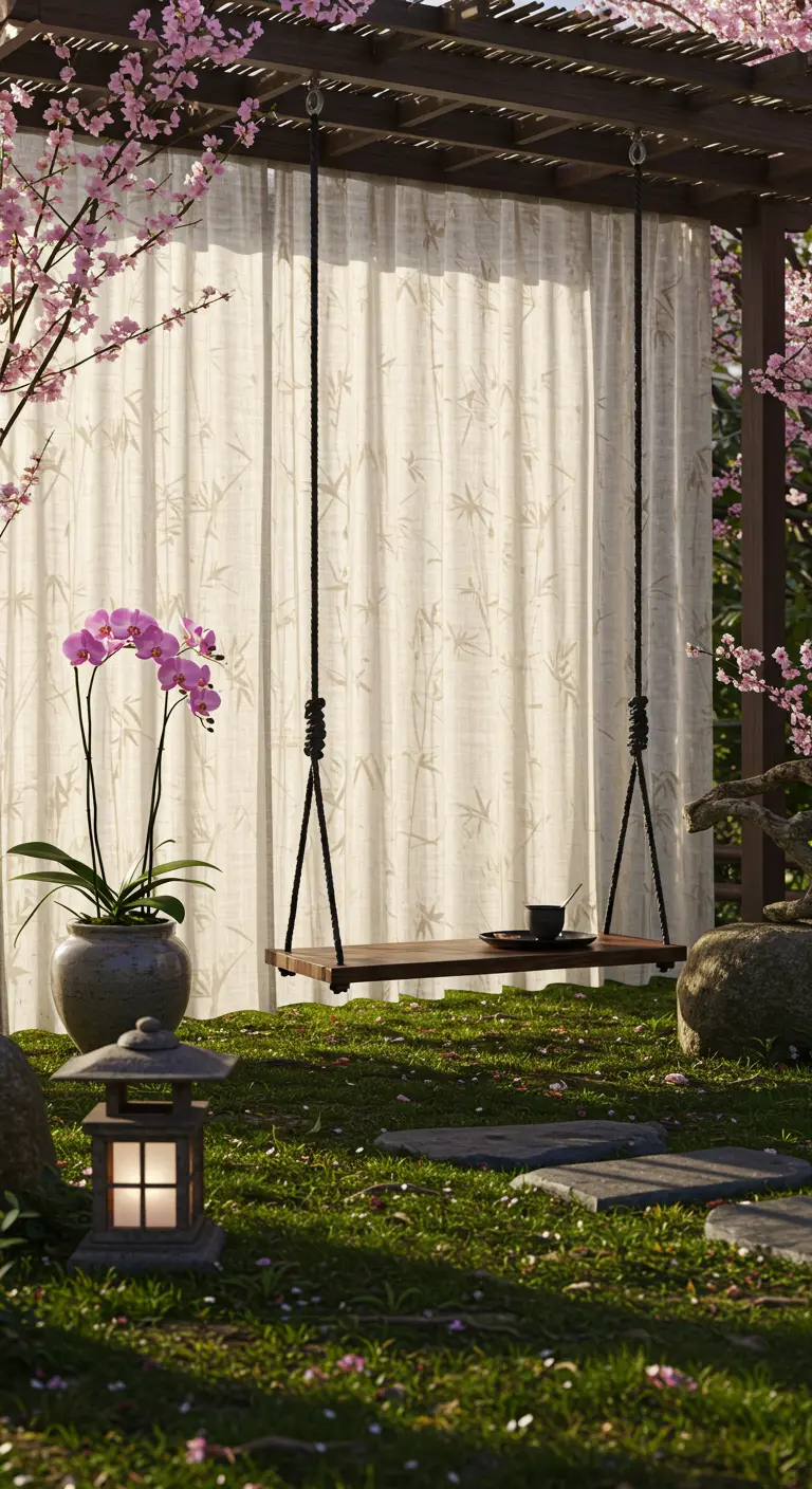 Minimalistische houten schommel onder een pergola met een gordijn met bamboeprint en een orchidee.