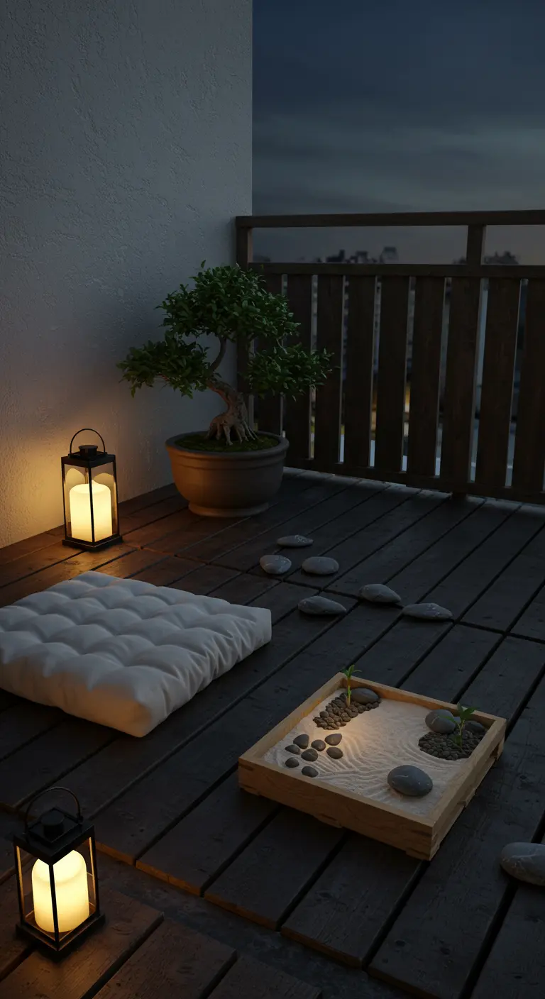 Donkere palletvlonder met een bonsaiboom, lantaarns en een mini-zen-tuin voor een rustgevende sfeer.