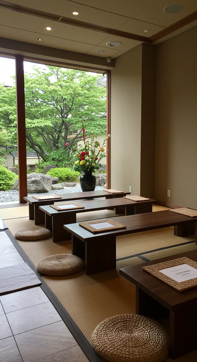 Japanse ceremonie-opstelling met lage bankjes, poefs en uitzicht op een zentuin.