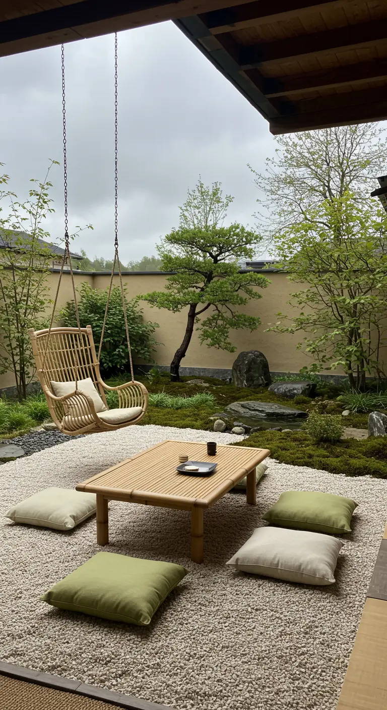 Japanse tuin met rieten schommel, lage bamboe tafel en groene en witte kussens op grind.