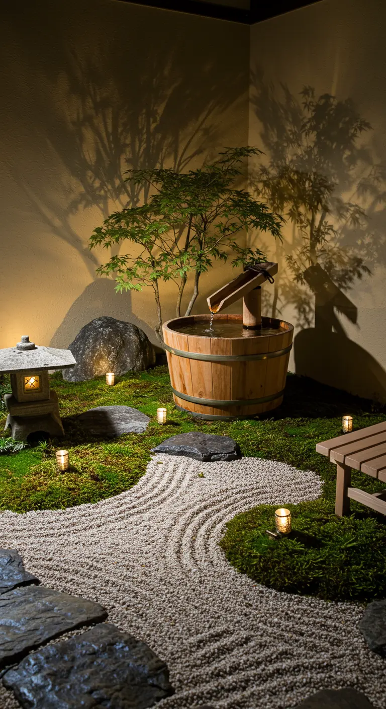Japanse zentuin met een houten ton als waterpartij, omringd door mos, grind, stenen en lantaarns.
