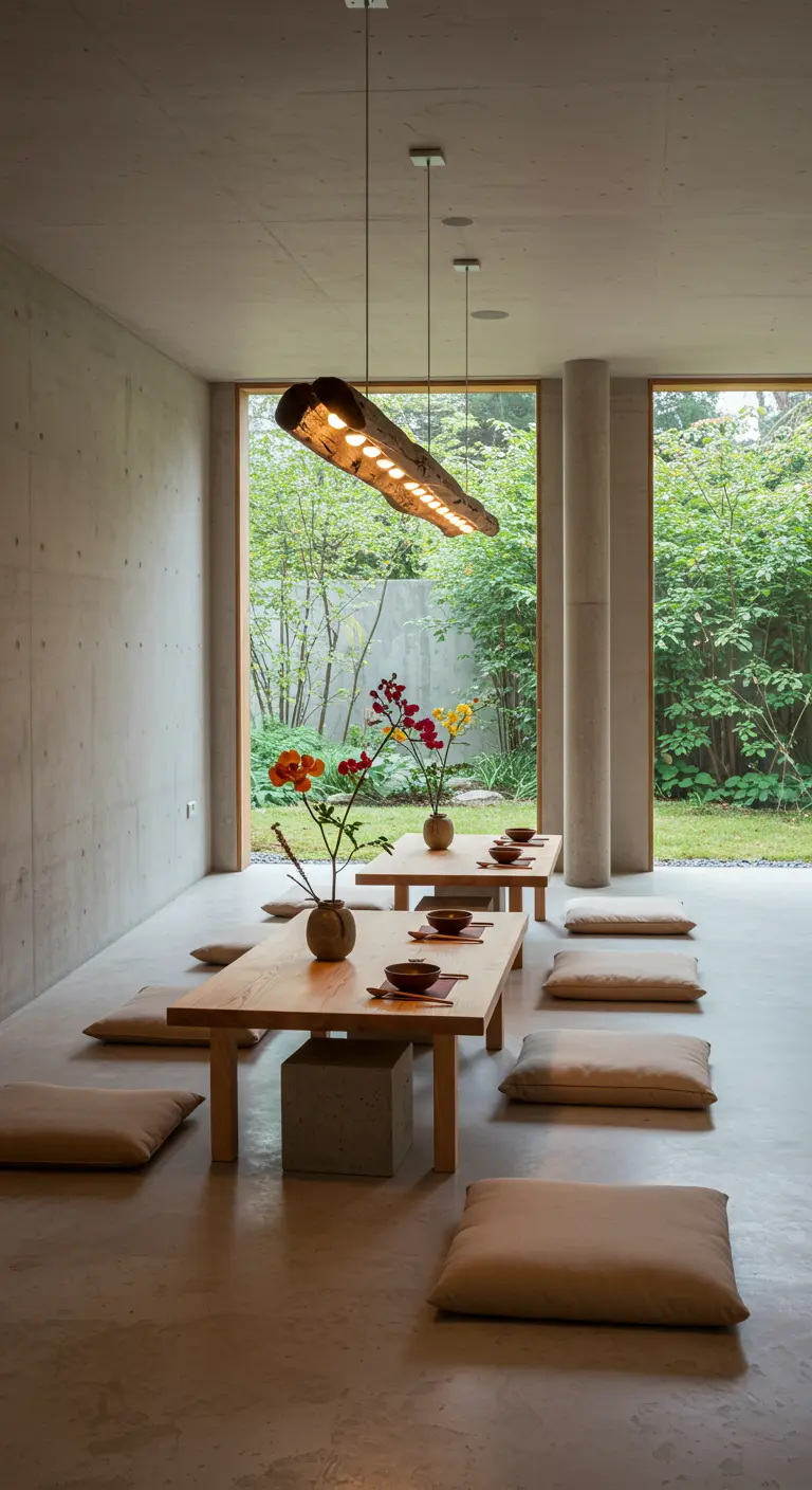 Minimalistische eetruimte met lage houten tafels, vloerkussens en een houten boomstam hanglamp.