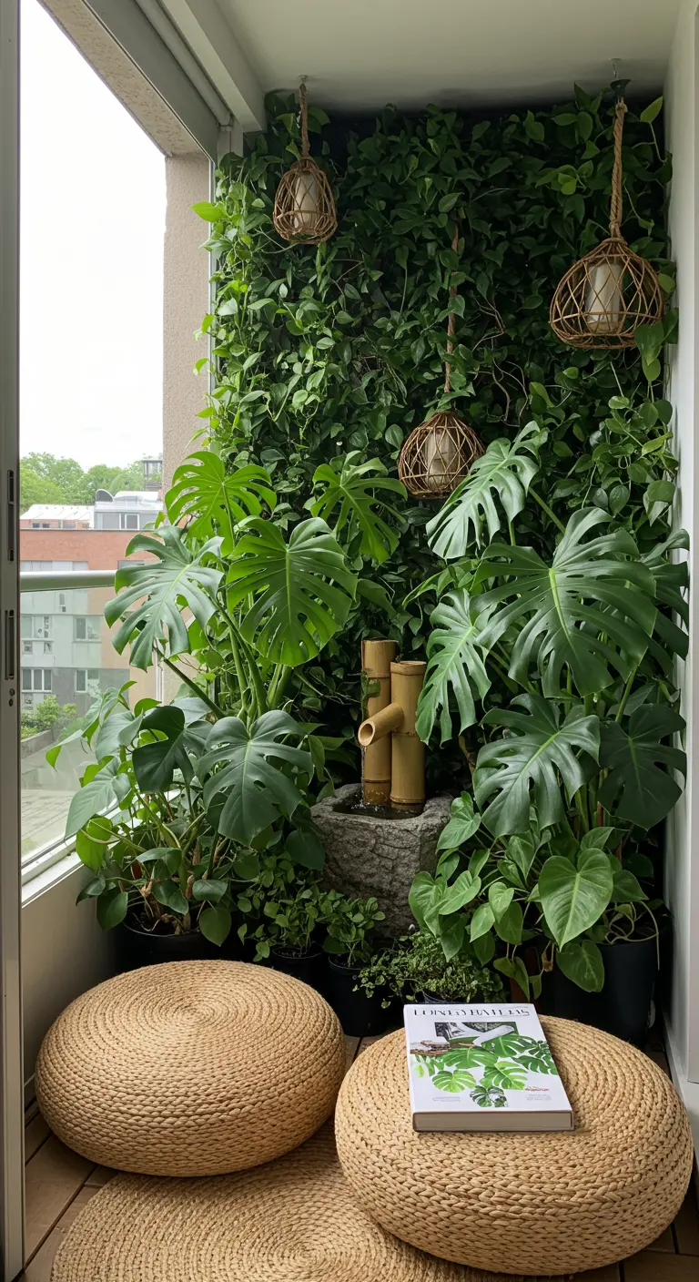 Klein balkon met een groene plantenwand, een bamboe waterornament en ronde rieten poefs.