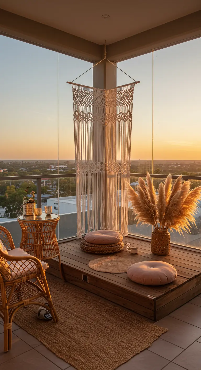 Balkon met uitzicht, houten platform met zitkussens en een macramé roomdivider.