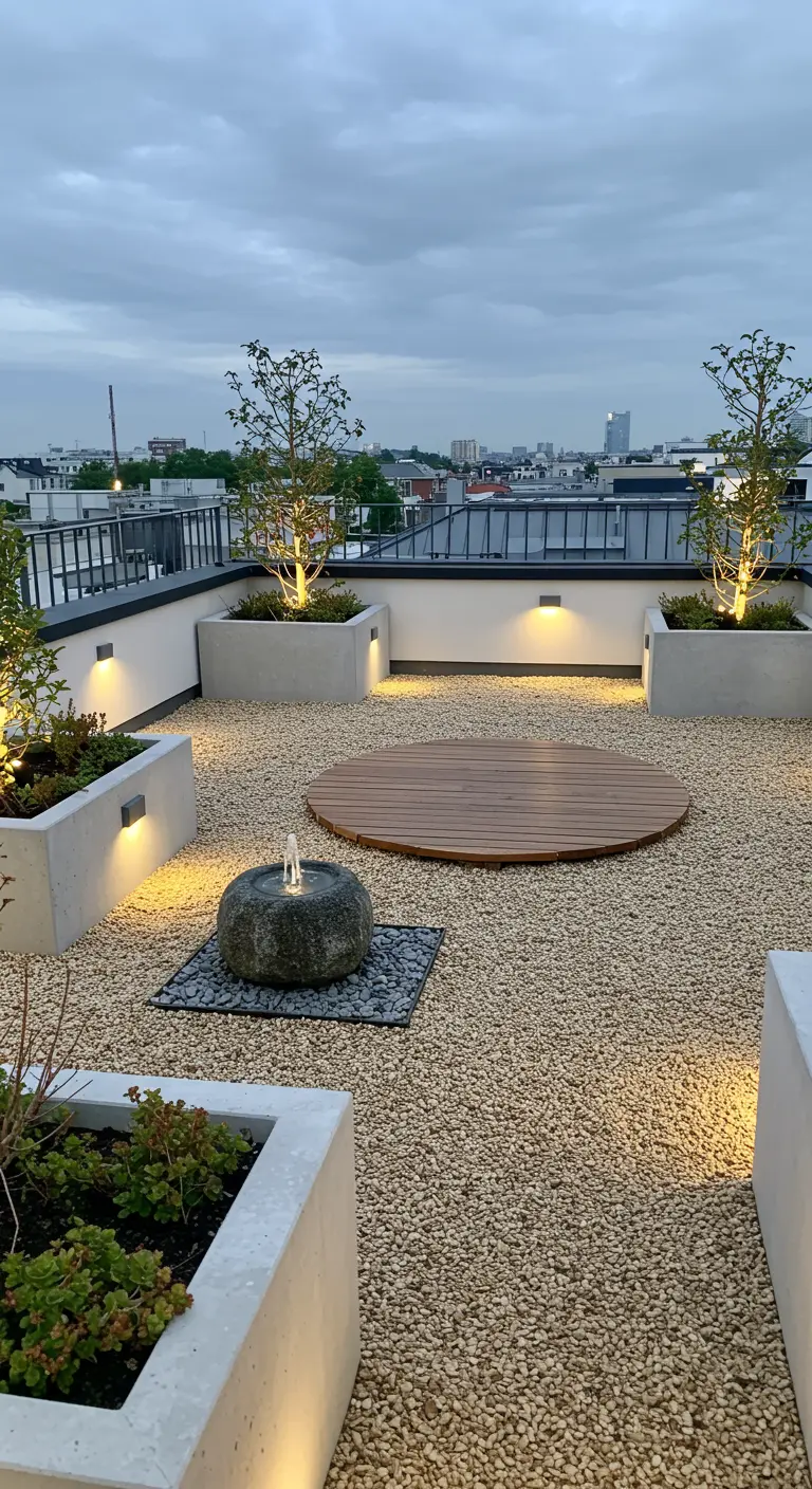Dakterras met grind, betonnen plantenbakken, rond houten vlonder en stenen fontein.