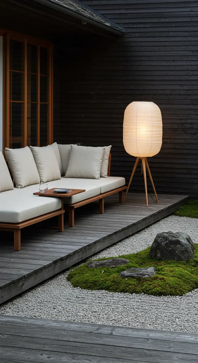 Japanse stijl patio met lage houten bank en een grote papieren staande lantaarn.