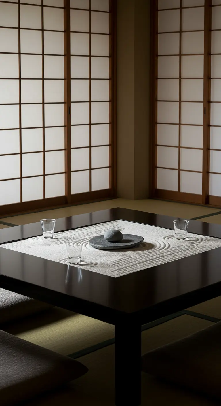 Minimalistische tafel met een Zen-tuin als centerpiece en enkele glazen.