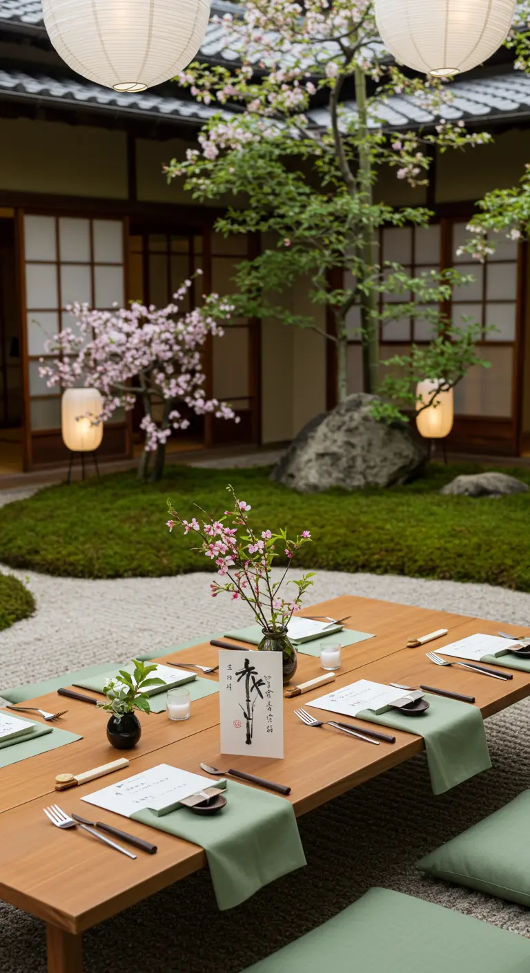 Japanese garden wedding with low wooden tables, green cushions, cherry blossom, and paper lanterns.