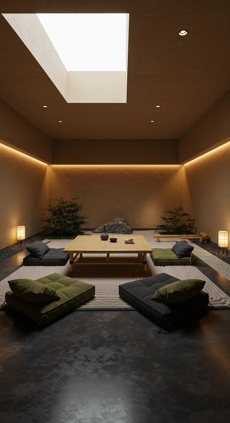 Zen-ruimte met vloerkussens, lage tafel en sfeervolle inbouwverlichting