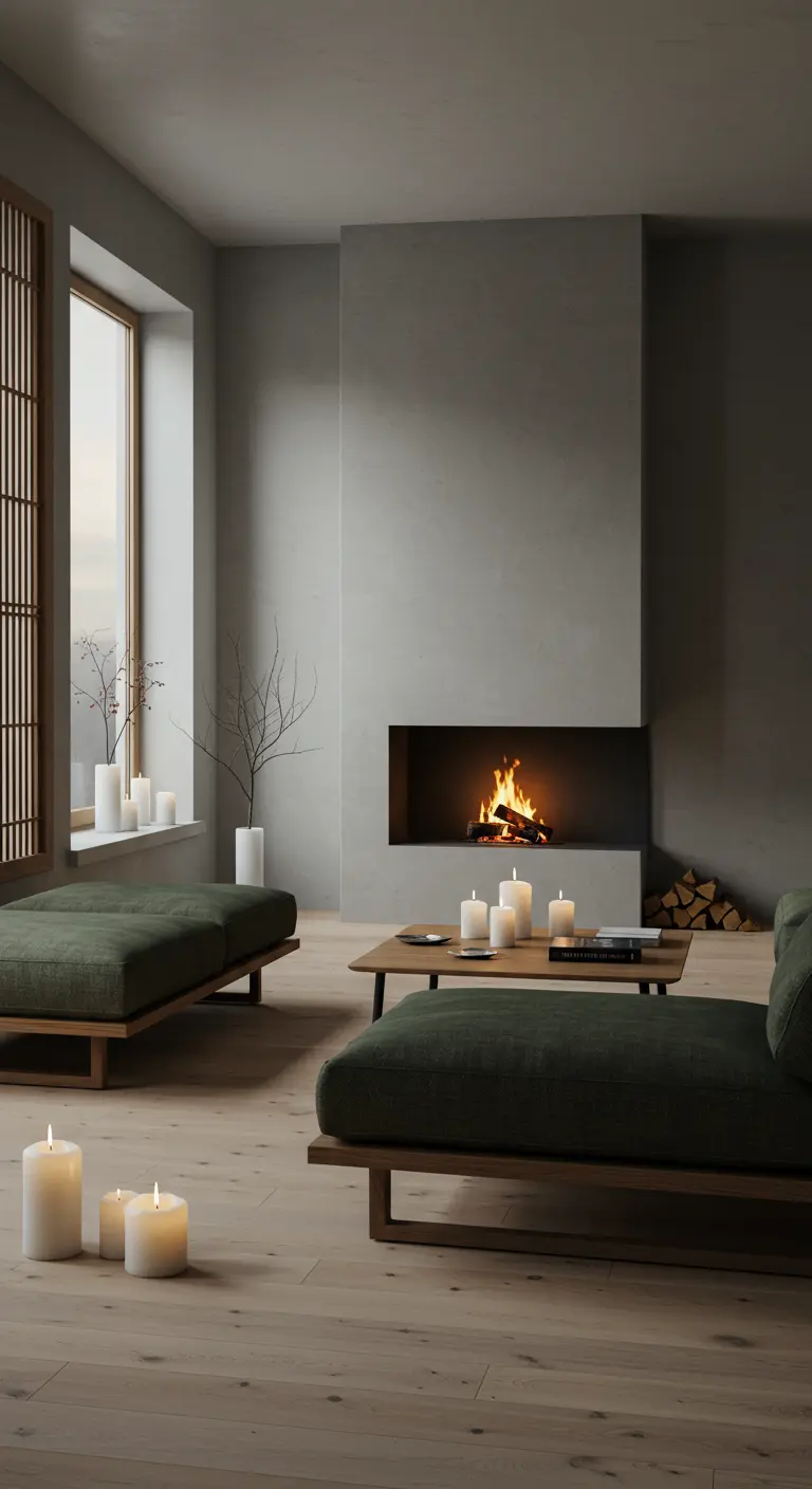Zen-geïnspireerde woonkamer met grijze muren, groene loungebank, haard en kaarsen.