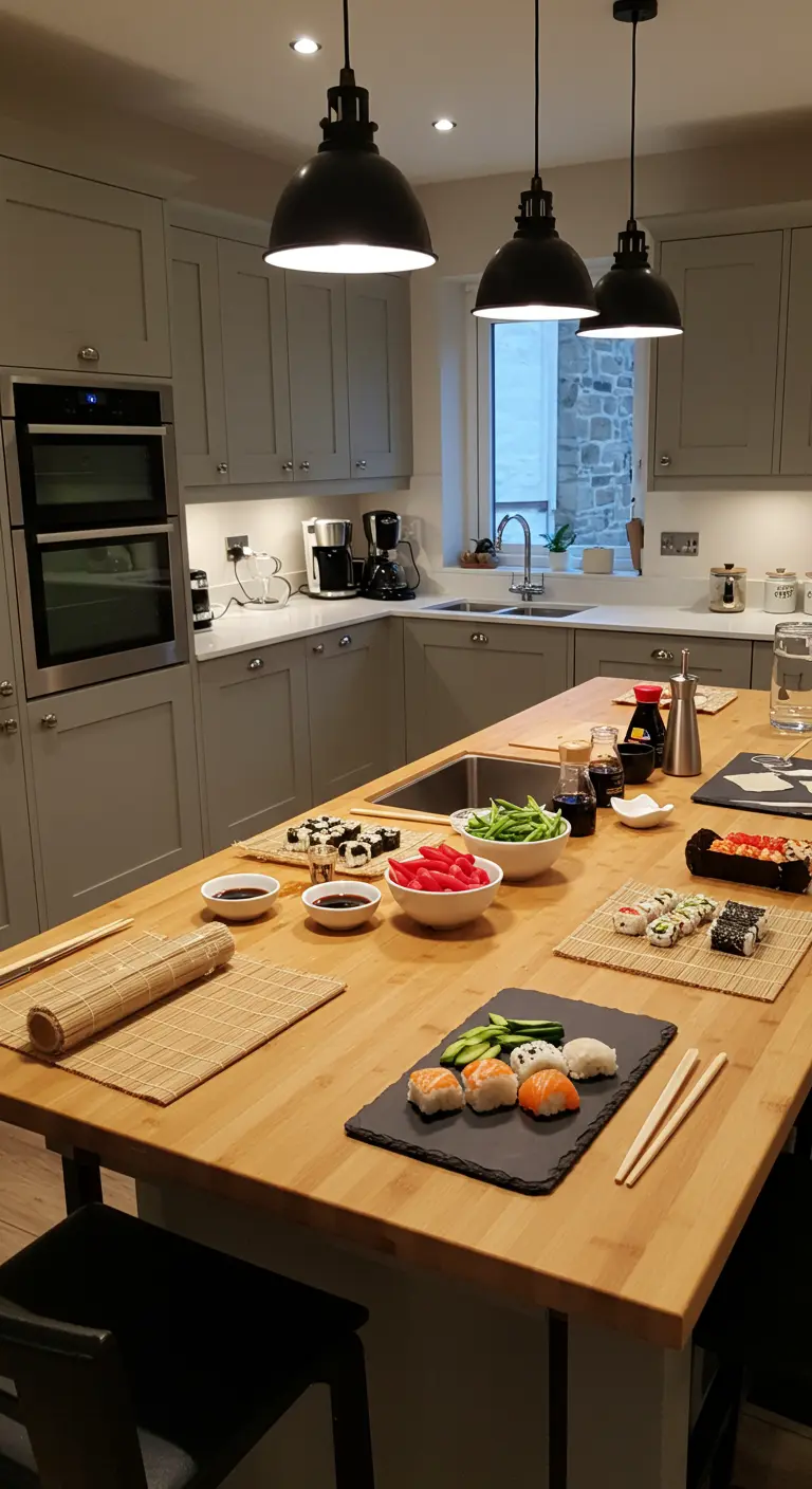 Houten keukeneiland ingericht voor een sushi-avond met matjes en stokjes.