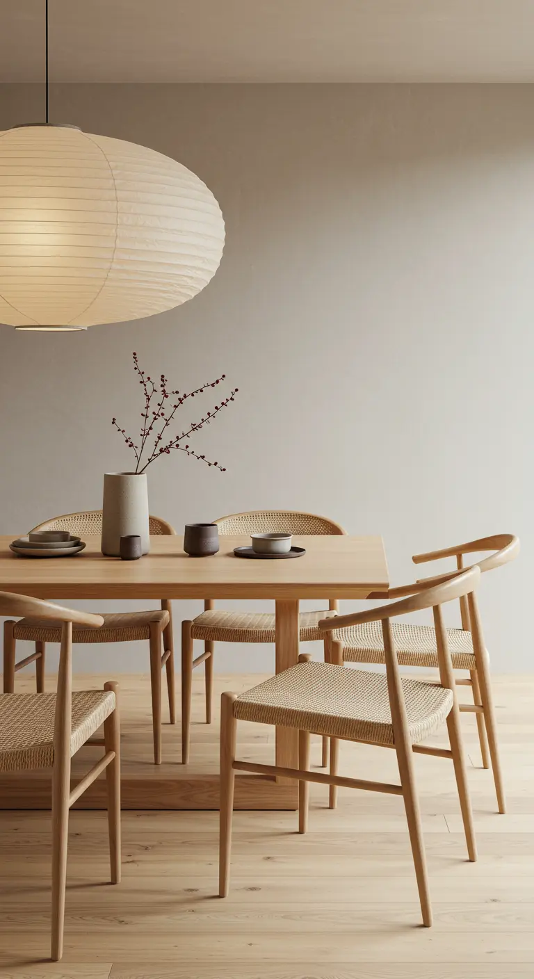 Japandi eetkamer met lichte houten tafel, gevlochten stoelen en grote papieren hanglamp.