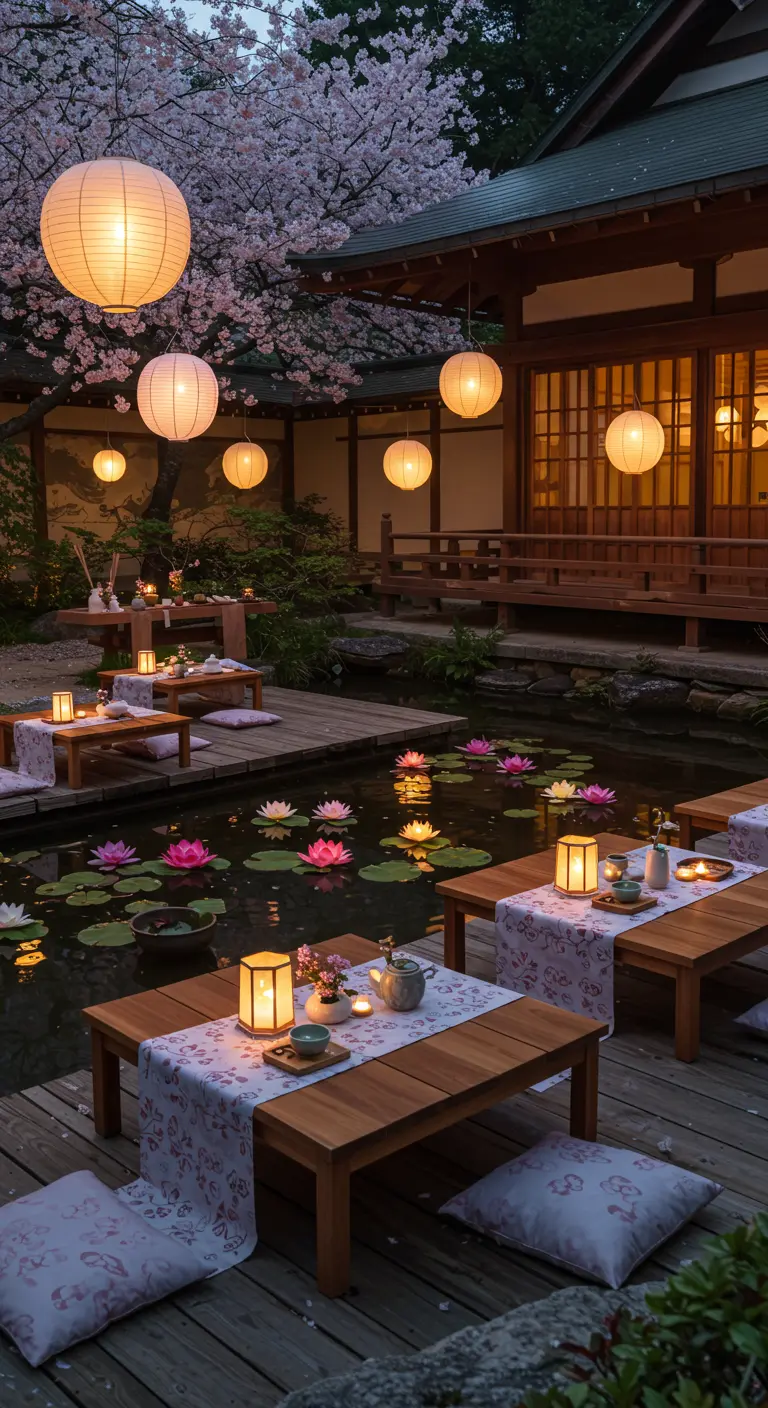 Japanse tuinsetting met lage tafels aan vijver met waterlelies en lampionnen.