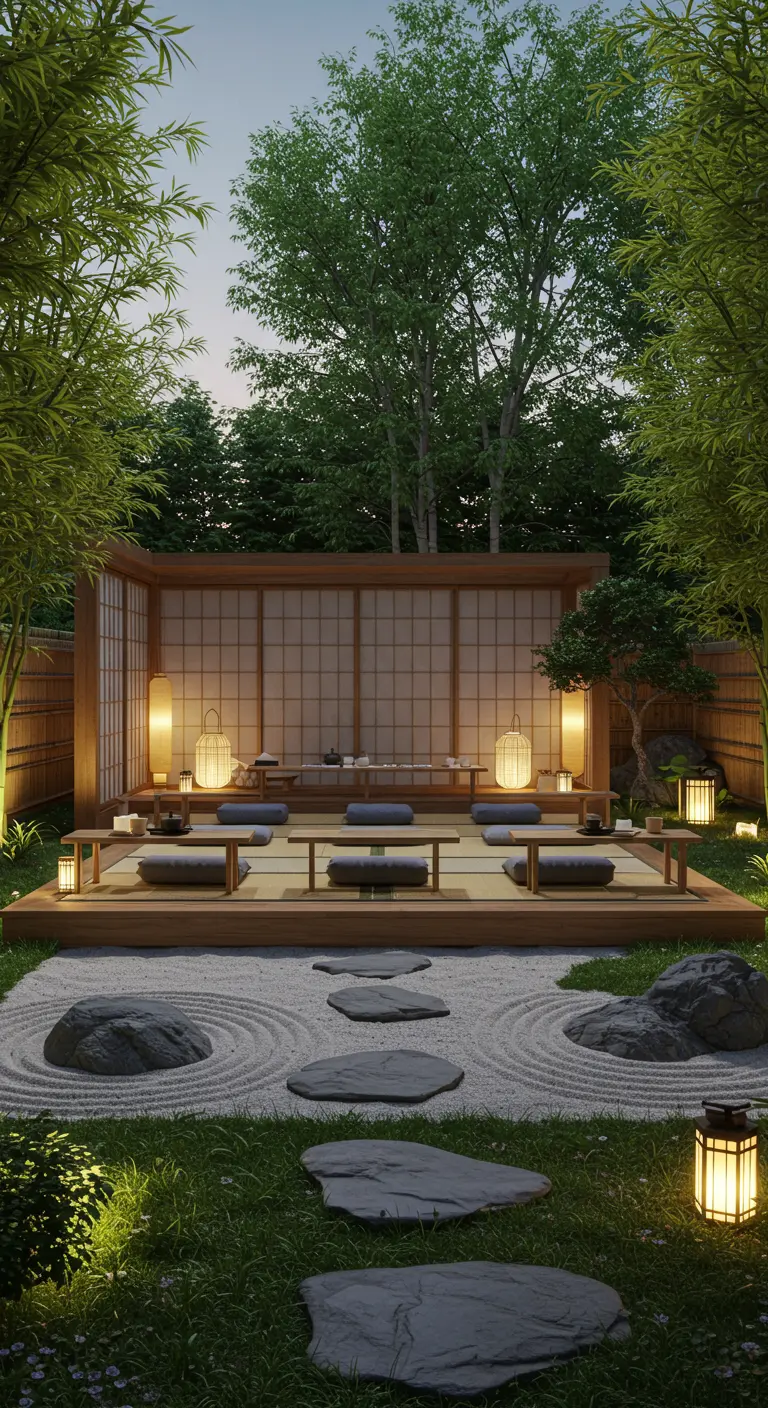 Japanse zen tuin filmsetting met houten paviljoen, lage tafels en bamboe.