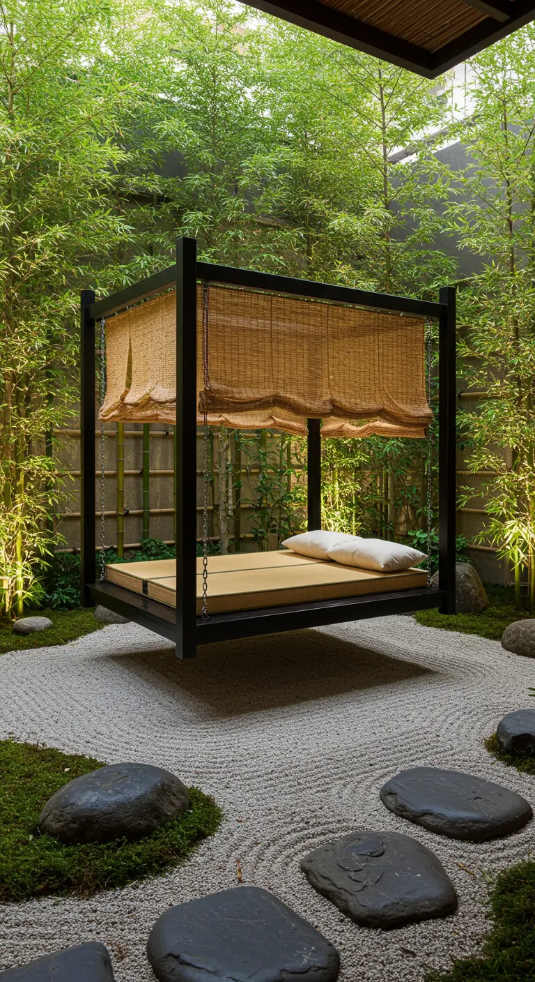 Zwevend houten bed met bamboe rolgordijnen in een Japanse Zen-tuin met raked grind en mos.