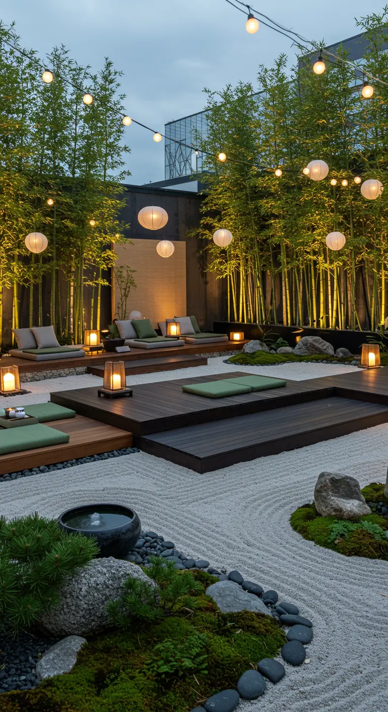 Japanse zen tuin met bamboe, grind, lage zitplatforms en ronde lantaarns.