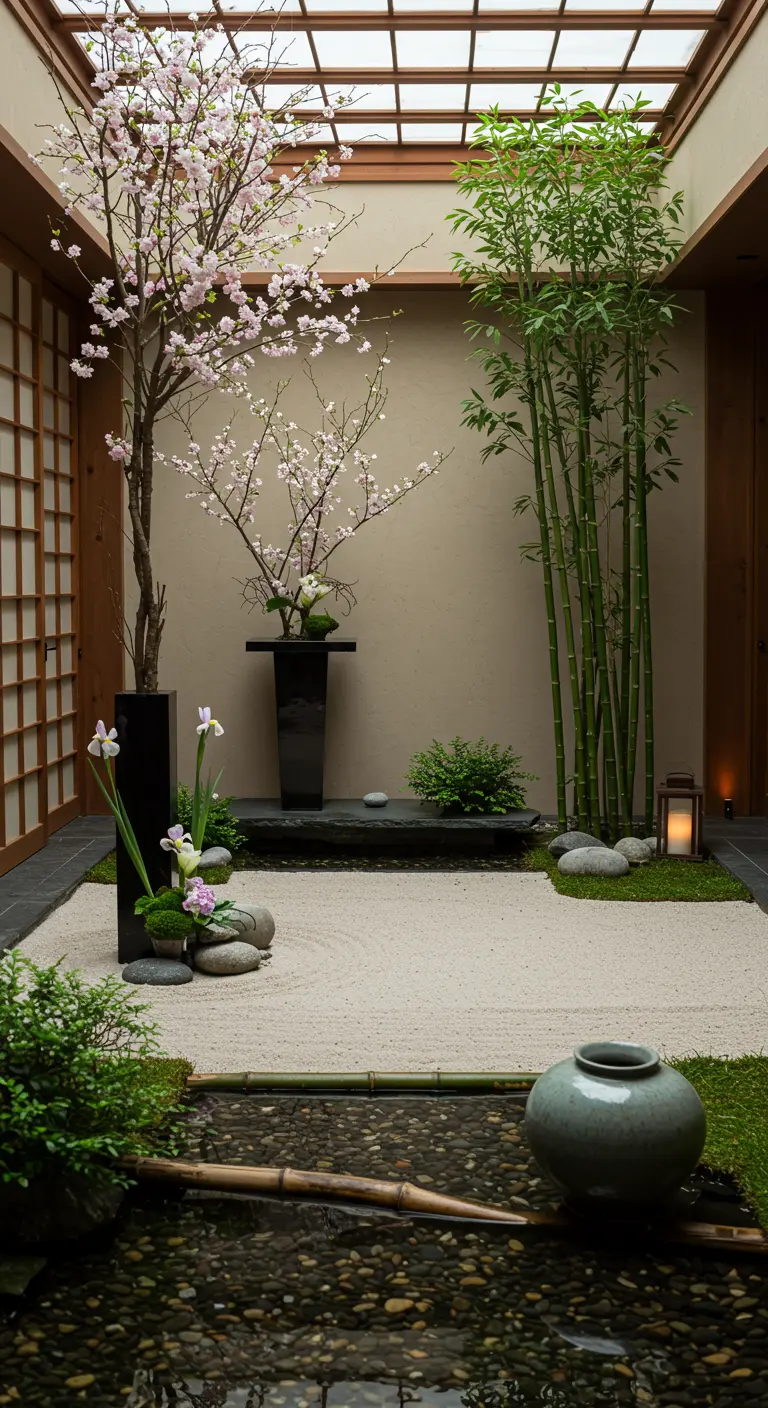 Japanse zen-tuin met bloeiende kersenboom, bamboe en zandtuin.