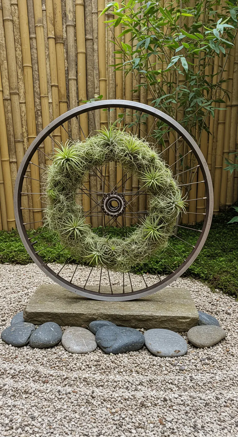 Fietswiel staat rechtop op een steen, versierd als een krans met groene luchtplantjes.