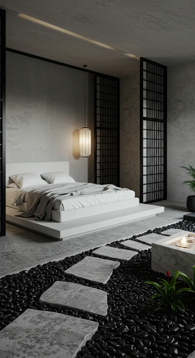Zen slaapkamer met wit platformbed, zwart kiezelpad met stenen treden en marmeren waskom.