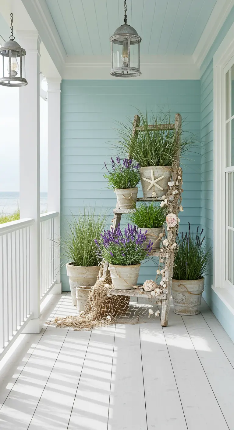 Verweerde houten ladder in strandthema met siergrassen, lavendel, een visnet en schelpen.