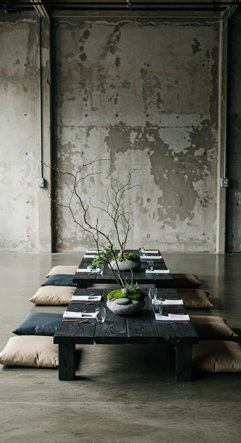 Lage, donkere dinertafels op een betonnen vloer, omringd door zitkussens, met minimalistische takken als decoratie.