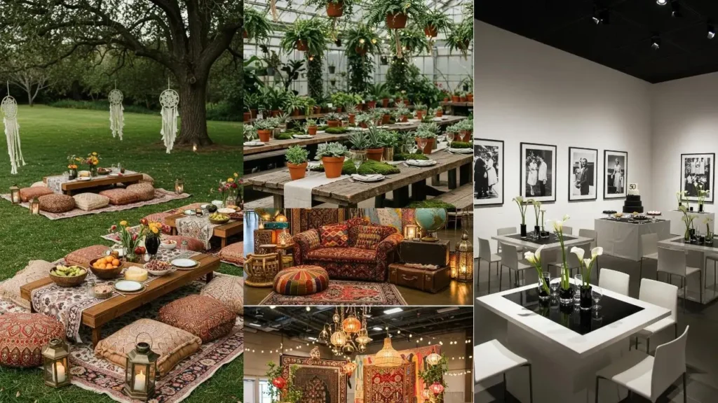 Diverse feeststyling ideeën voor een 50-jarig verjaardagsfeest, inclusief buiten, modern en bohemian decors.