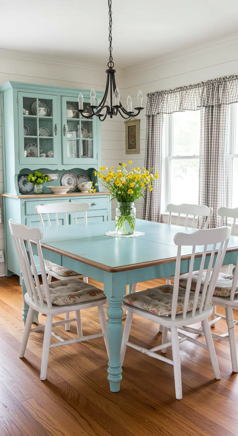 Landelijke eetkamer met mintgroene tafel, witte spijlenstoelen en geruite gordijnen.