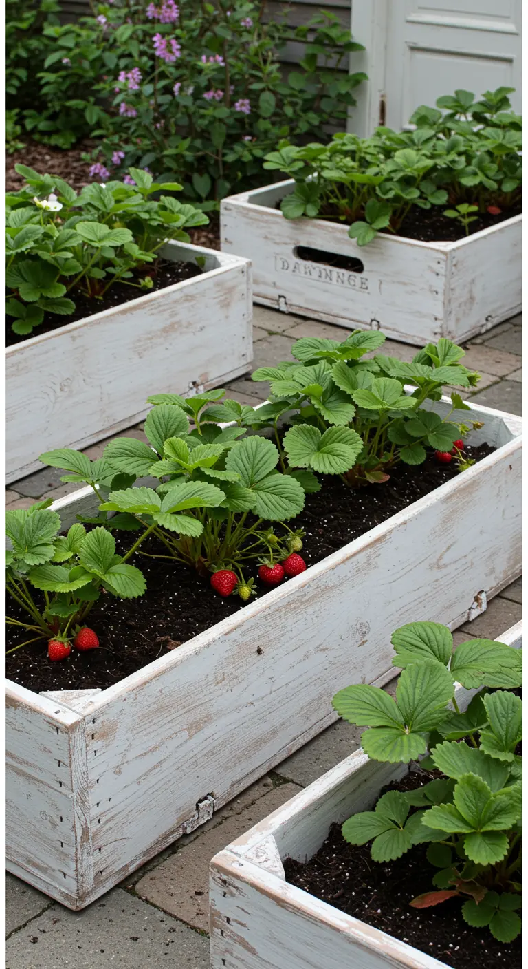 Witgeverfde houten kisten gevuld met aardbeiplanten op een terras.